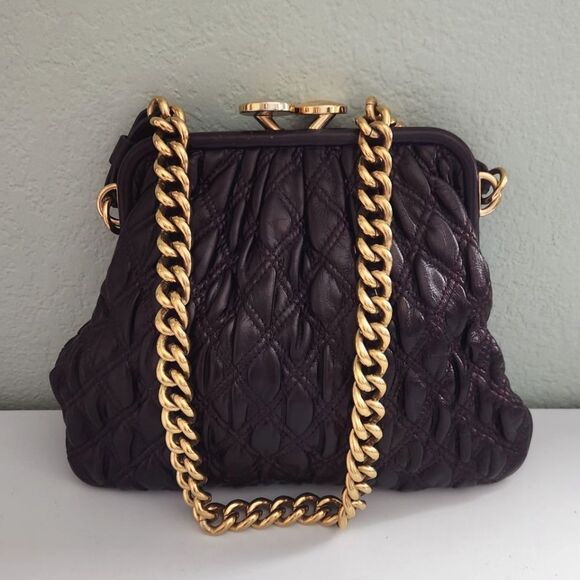 Marc Jacobs Quilted Leather Stam Bag In Dark Purple With Gold Chain - Picture 1 of 14